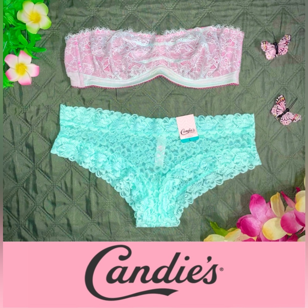 CANDIE'S Mint Lace Cheeky Panty, sz L, with matching Strapless Bandeau Bra, NWT
